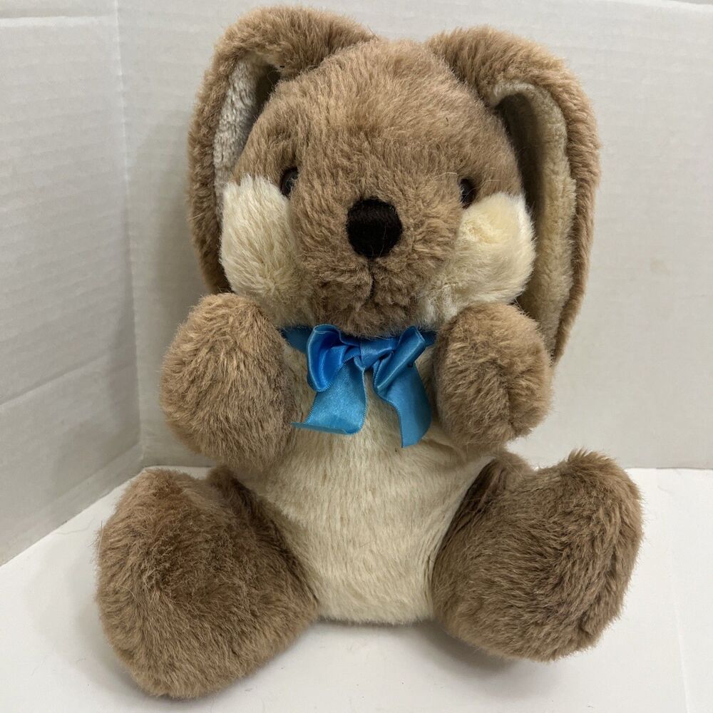 Vintage 1985 Dakin Bunny Rabbit Plush Brown Blue Ribbon Floppy Ear 12 in